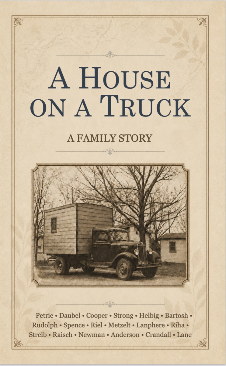Book cover: a small wooden house loaded on the bed of a 1930s truck, sepia-toned